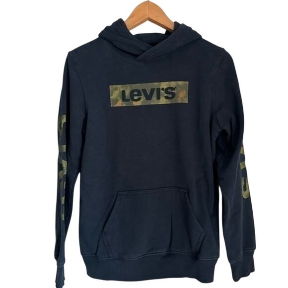 Levi’s Boys Large Blue Hoodie Sweatshirt Green Camo Pullover Kangaroo Pocket - Picture 2 of 8